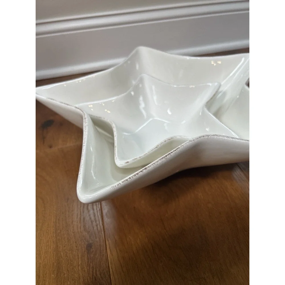 Pottery Barn Star Serving Bowl Dish White Rustic Trim Ceramic Stackable Set 2